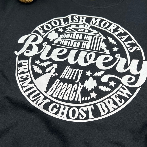 FOOLISH MORTAL BREWERY Black Crewneck Sweatshirt Halloween Beer Ghost Brew NEW! - Picture 2 of 4